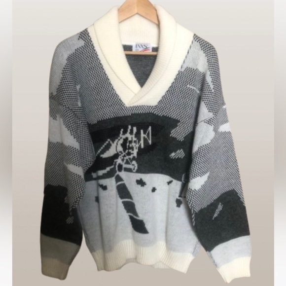 Vintage Shawl Collar Wool Blend Loose Fit Sweater Geometric Pattern Medium - Picture 1 of 11